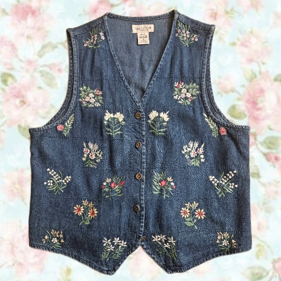 Van Heusen Jackets & Blazers - Wildfower Floral Embroidered Denim Vest by Van Huesen.  Button Front. S.